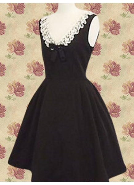 Black Cotton V-Neck Sleeveless Gothic Lolita Dress With Bow