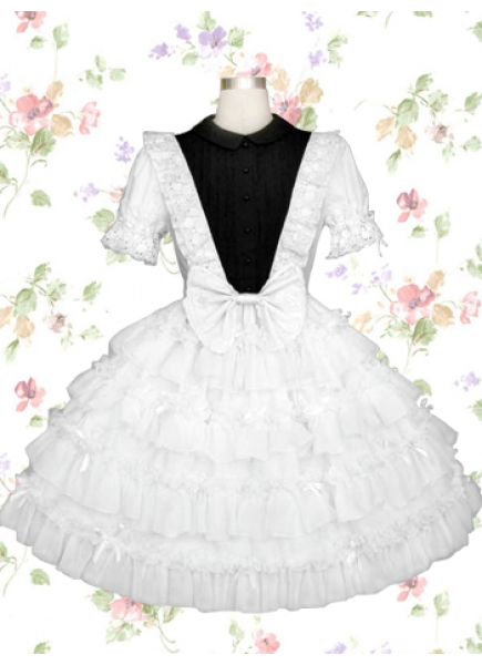 White Cotton Turndown Collar Short Sleeves Knee-length Lace Gothic Lolita Dress