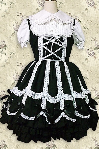 Black And White Cotton Low Cut Short Sleeves Empire Gothic Lolita Dress