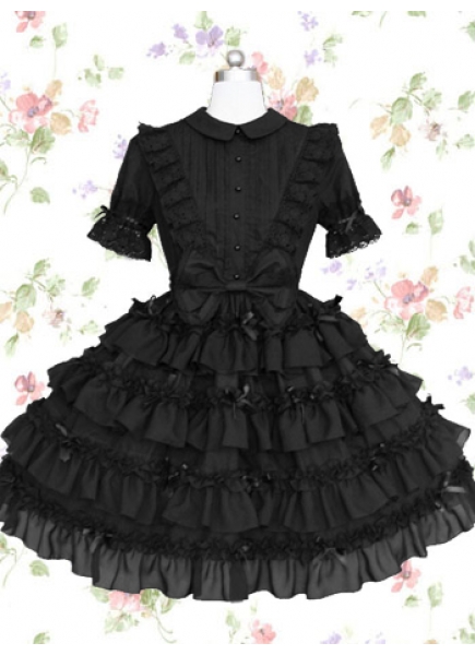 Graceful Black Cotton Turndown Collar Short Sleeves Knee-length Gothic Lolita Dress