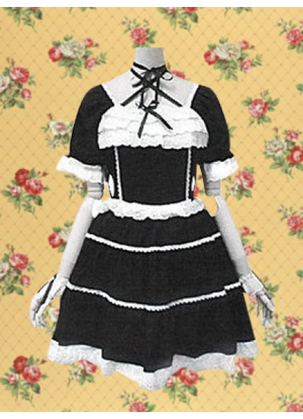 Black And White Gothic Lace Tie Square-collar Half Sleeve Cotton Lolita Dress