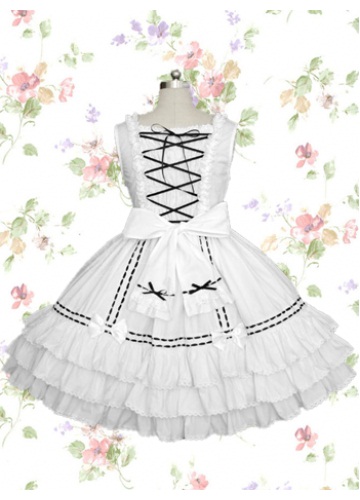 Black And White Cotton Square Sleeveless Ruffles Gothic Lolita Dress With Tiers