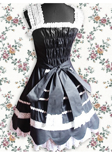 Black And White Cotton Sweetheart Sleeveless Knee-length Gothic Lolita Dress With Flouncing