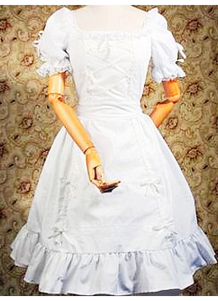 White Cotton Square-collar Short Sleeves Knee-length Ruffles Gothic Lolita Dress