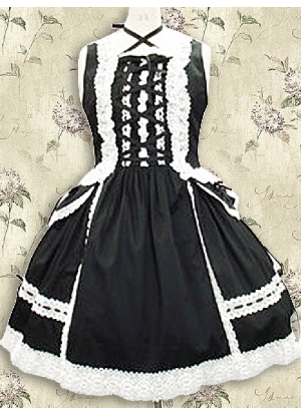 Black And White Cotton Square Sleeveless Knee-length Gothic Lolita Dress With Lace