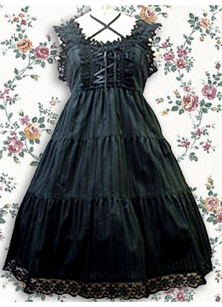 Black Cotton Scoop Sleeveless Knee-length Lace Trim Gothic Lolita Dress
