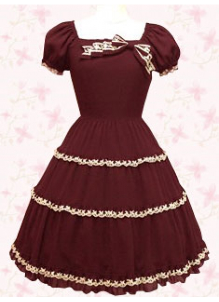 Dark Red Cotton Square Short Sleeves Knee-length Gothic Lolita Dress With Ruffles