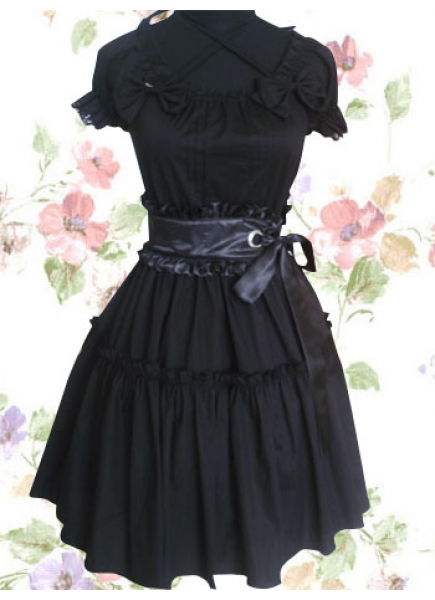 Black Cotton Cowlneck Short Sleeves Knee-length Gothic Lolita Dress With Vertical Pleats