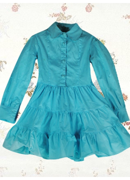 Graceful Aqua Blue Turndown Collar Long Sleeves Pleated Sweet Cotton Lolita Dress