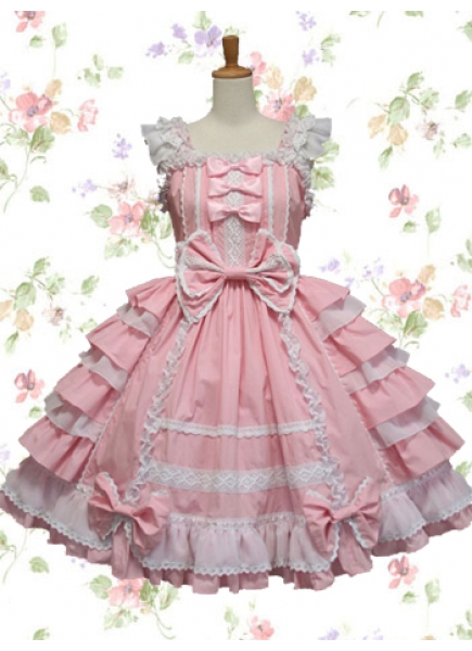 Sweet Pink And White Straps Sleeveless Empire Bow Knee-length Cotton Lolita Dress With Ruffles