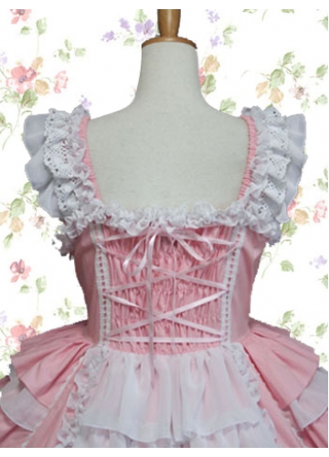 Sweet Pink And White Straps Sleeveless Empire Bow Knee-length Cotton Lolita Dress With Ruffles