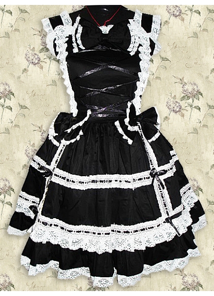 Sweet Black And White Cotton Sleeveless Knee-length Ruffles Lolita Dress With Bow