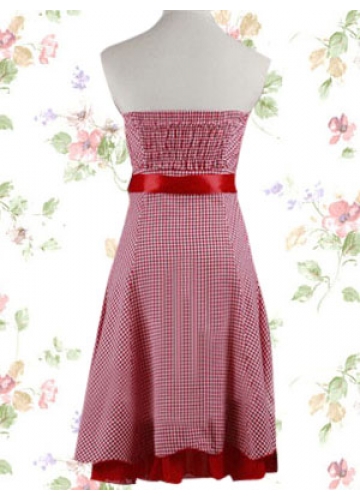 Stylish Red And White Cotton Strapless Sleeveless Empire Sash Knee-length Plaid Sweet Lolita Dress