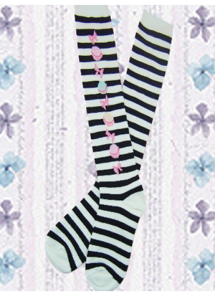 White Black Stripes Cotton Polyester Lolita Knee Stockings