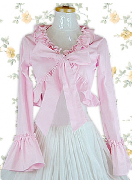 Pink Cotton V-Neck Long Sleeves Ruffles Classic Lolita Blouse