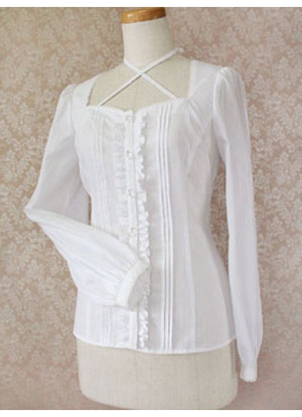 Cotton White Long Sleeves Square And Spaghetti Straps Lolita Blouse With Ruffles