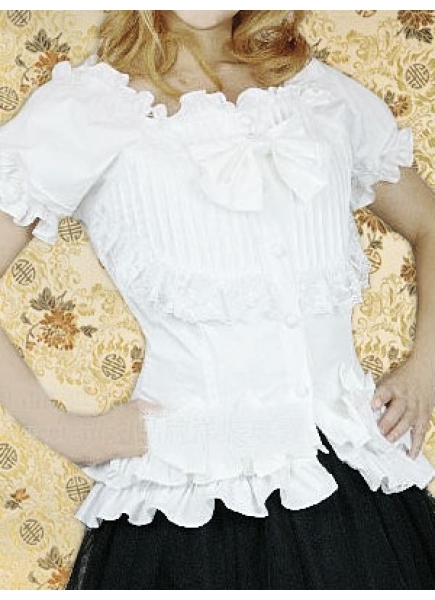 Cotton White Square-collar Short Sleeves Sweet Lolita Blouse With Bow And Flouncing