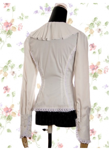 White Cotton Turndown Collar Long Sleeves Ribbon Lolita Blouse