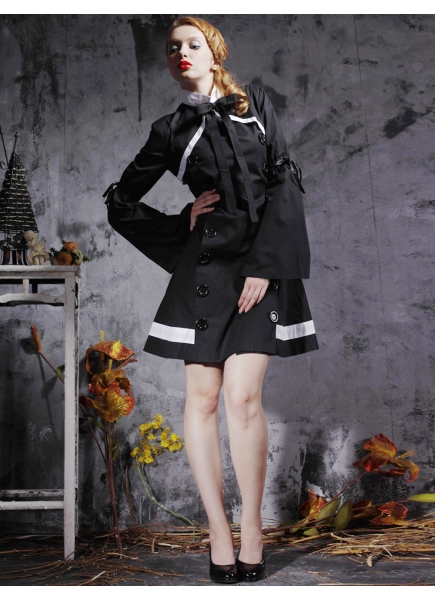Short Black And White Cotton Turndown Collar Long Sleeve Gothic Lolita Dress