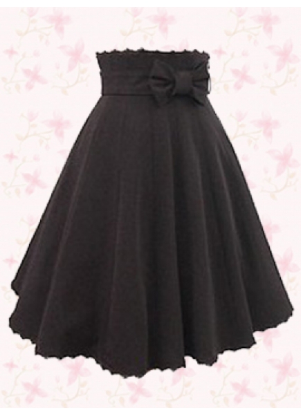 Black Cotton Knee-length Pleats Classic Lolita Skirt With Pleats Hemline And Bow