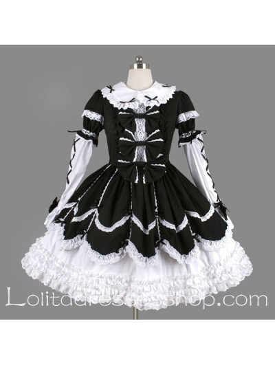 Black and White Cotton stand collar Gothic Lolita Dress