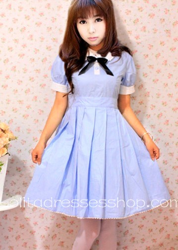 Blue Printed Flowers Cotton Short Sleeve Lolita Dress