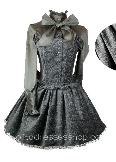 Cotton Black Stand Collar Long Sleeves Gothic Lolita Dress