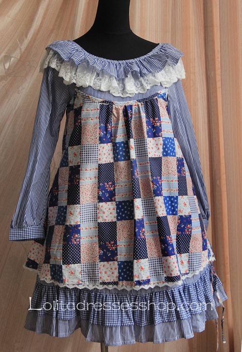 Blue Black Cotton Ruffled Collar Long Sleeve Two-piece Lolita Dress
