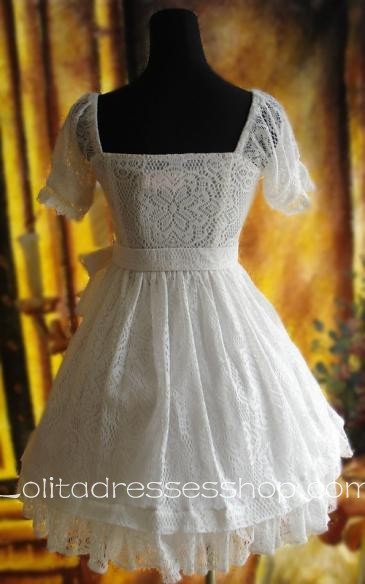 White Cotton Short Sleeve Gothic Lolita Dress Multiple Bows Lace