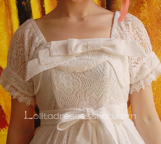 White Cotton Short Sleeve Gothic Lolita Dress Multiple Bows Lace