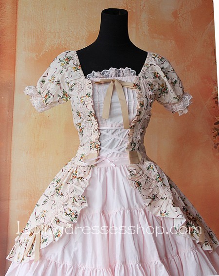 Pink Cotton Printed Flowers Lolita Short Sleeve Dress
