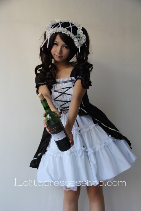 White Black Cotton Square-collar Lolita Dress