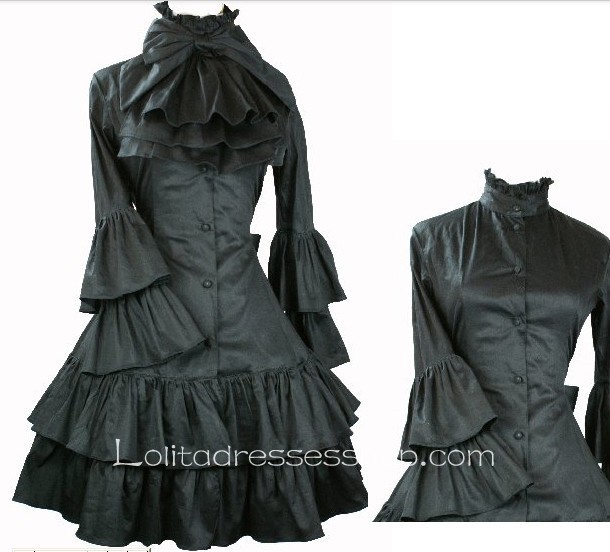 Black Bow Ruffles Long Sleeve Stand Collar Lolita Dress