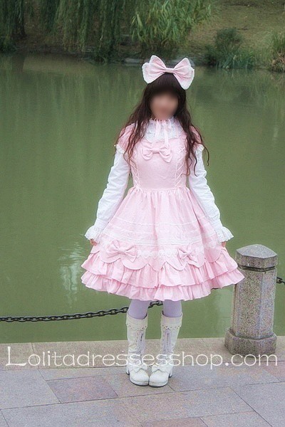Pink Cotton Stand Collar short Sleeve Lolita Dress