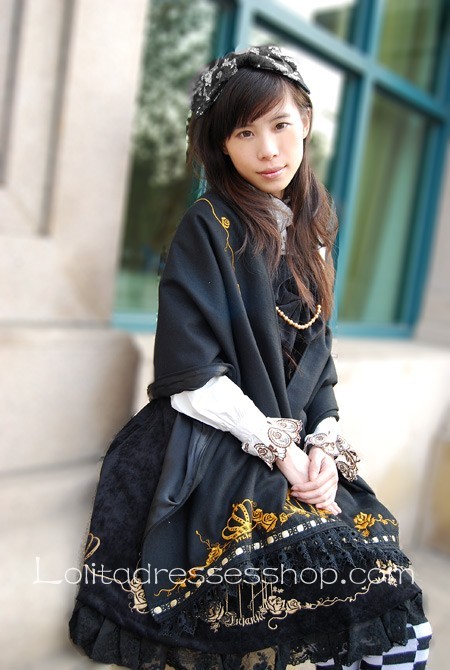 Black Cotton Cage Bird Golden Embroidery Gothic Lolita Dress