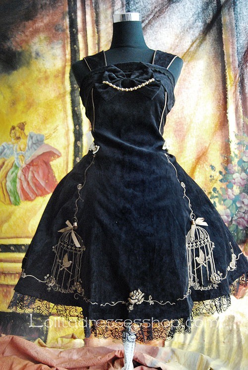 Black Cotton Cage Bird Golden Embroidery Gothic Lolita Dress