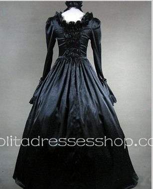 Black Cotton Square-collar Long Sleeve Floor-length Pleats Gothic Lolita Dress