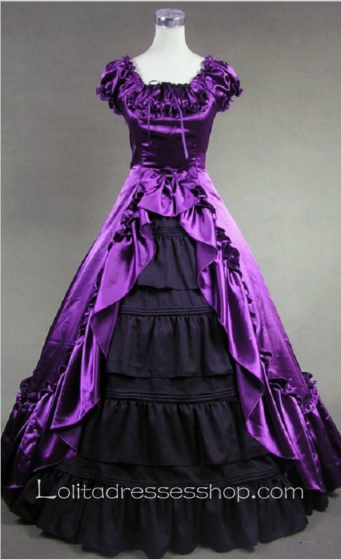 Purple And Black Cotton Square-collar Cap Sleeve Floor-length Pleats Gothic Lolita Dress
