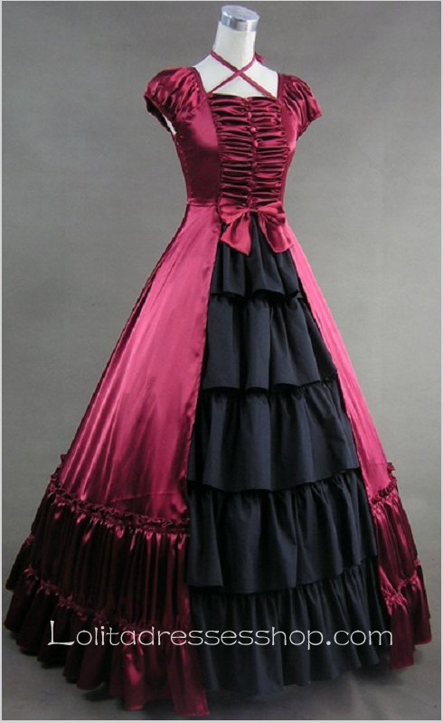 Red And Black Cotton Square-collar Cap Sleeve Floor-length Tiers Gothic Lolita Dress
