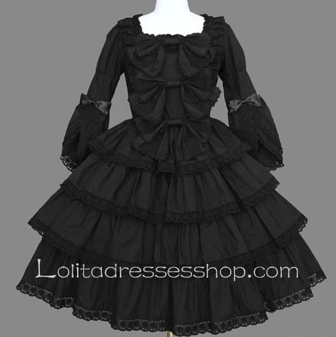 Black Cotton Square-collar Long Sleeve Knee-length Bowknot Gothic Lolita Dress