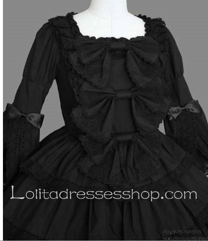 Black Cotton Square-collar Long Sleeve Knee-length Bowknot Gothic Lolita Dress