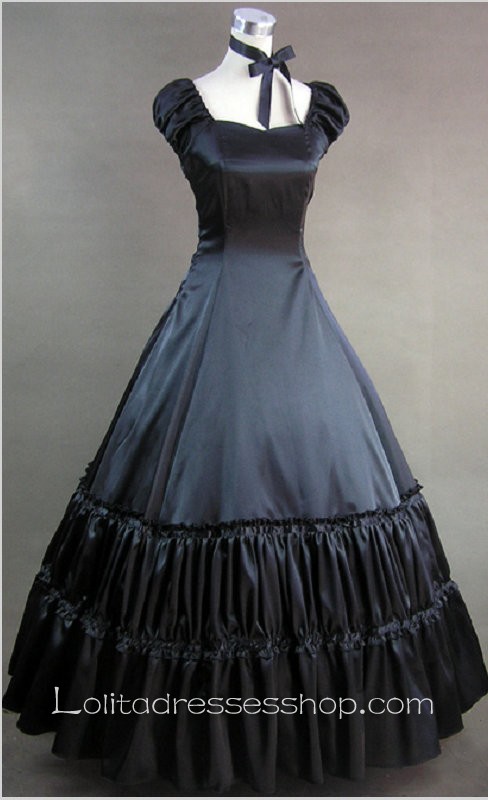 Black Sweetheart Cap Sleeve Floor-length Pleats Gothic Lolita Dress