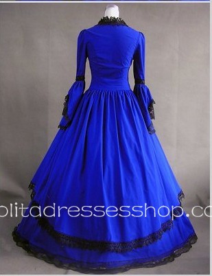 Dark Blue Cotton Square-collar Long Sleeve Floor-length Pleats Gothic Lolita Dress