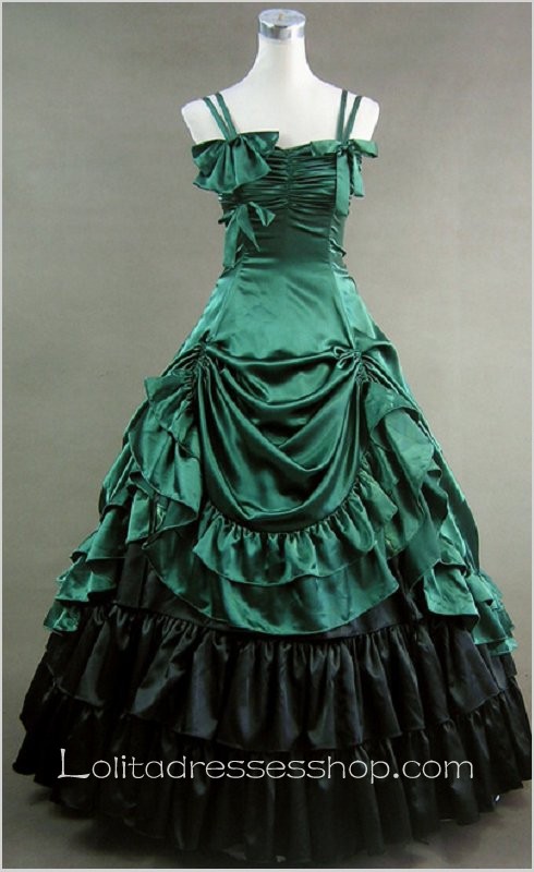 Green Cotton Straps Sleeveless Floor-length Bowknot Tiers Gothic Lolita Dress