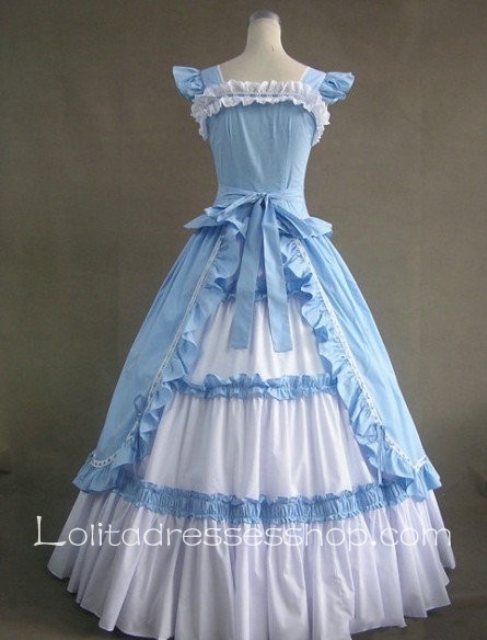 Blue And White Cotton Square-collar Cap Sleeve Floor-length Tiers Gothic Lolita Dress