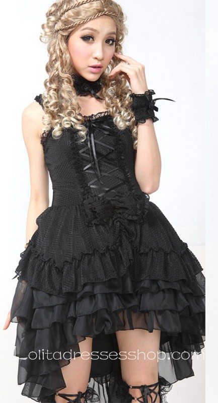 Black Lace Straps Sleeveless Short Lace Trim Gothic Lolita Dress