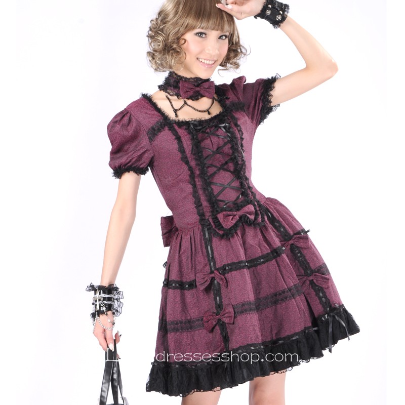 Wine Red Cotton Square-collar Short Sleeve Knee-length Bowknot Gothic Lolita Dress
