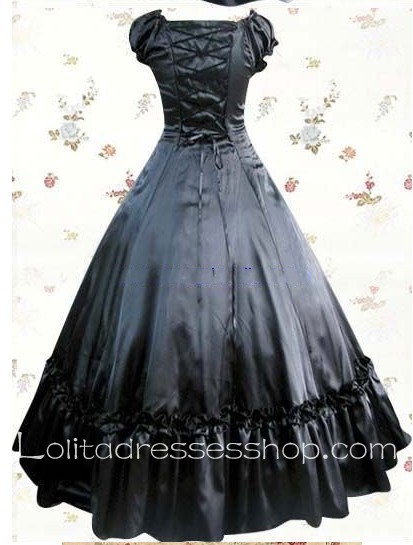 Black And White Cotton Square-collar Cap Sleeves Floor-length Pleats Bowknot Gothic Lolita Dress
