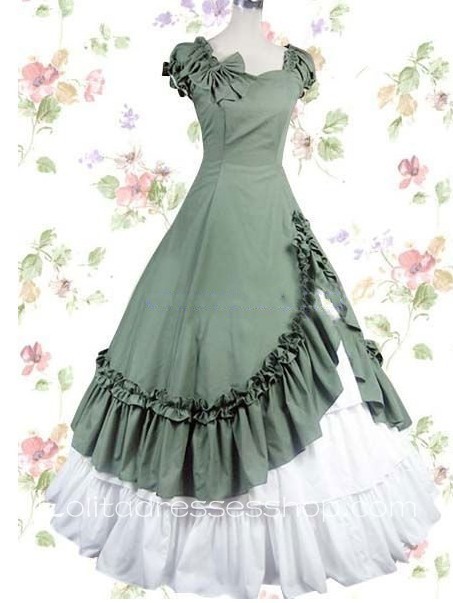 Army Green Cotton Sweetheart Cap Sleeves Floor-length Pleats Gothic Lolita Dress