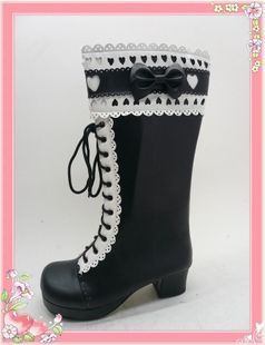 Black Lacework Heel PU Lolita Boots With Bows